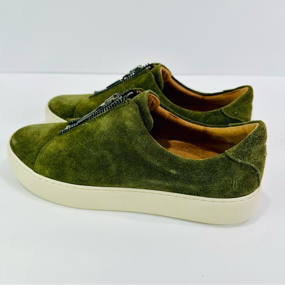 🎀 FRYE WOMENS OLIVE GREEN SUEDE ZIP UP SNEAKERS NEVER WORN SIZE 7 1/2 SLIP-ONS - Picture 4 of 10